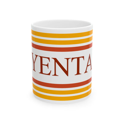 White mug with red and yellow stripes and 'Yenta' text on a white background