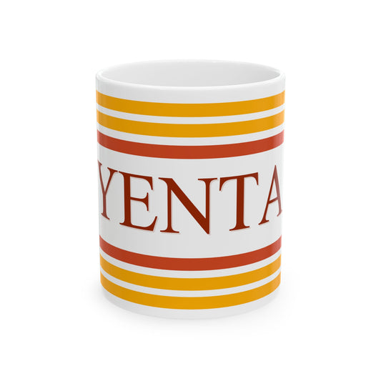 White mug with red and yellow stripes and 'Yenta' text on a white background
