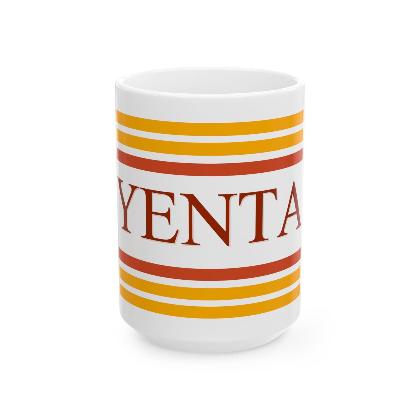 White mug with orange and red stripes and 'Yenta' text on a white background