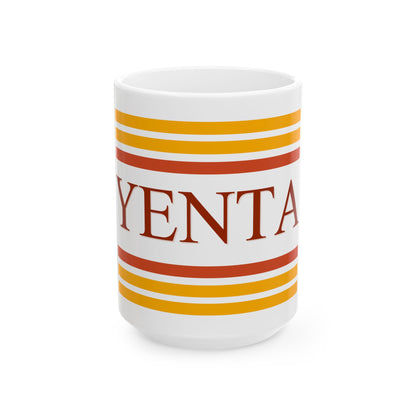 White mug with orange and red stripes and 'Yenta' text on a white background