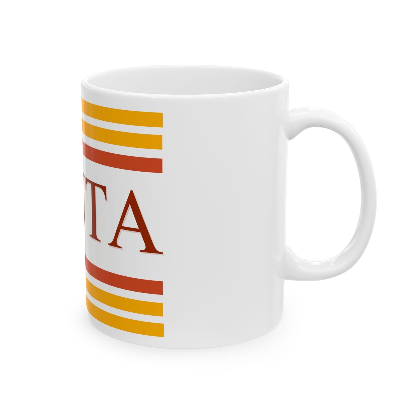 White mug with red and yellow stripes and 'YENTA' text on a white background