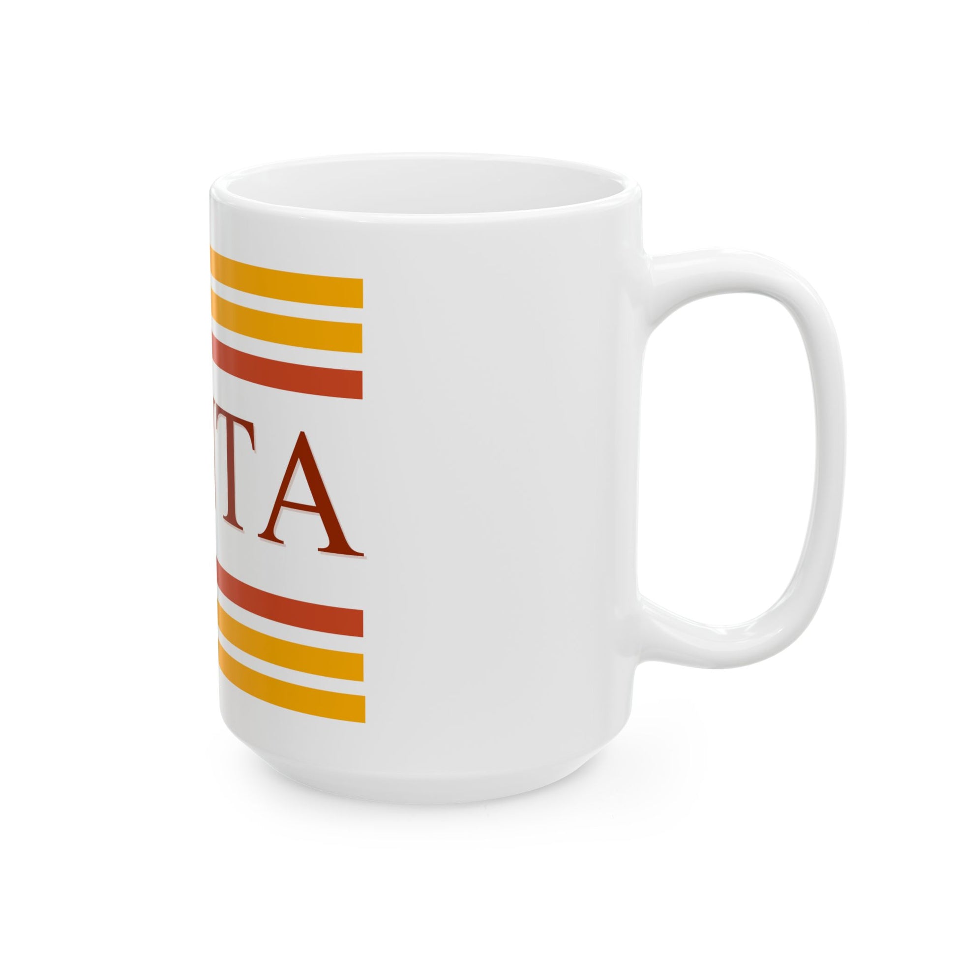 White mug with red and yellow stripes and 'yenta' text on a white background