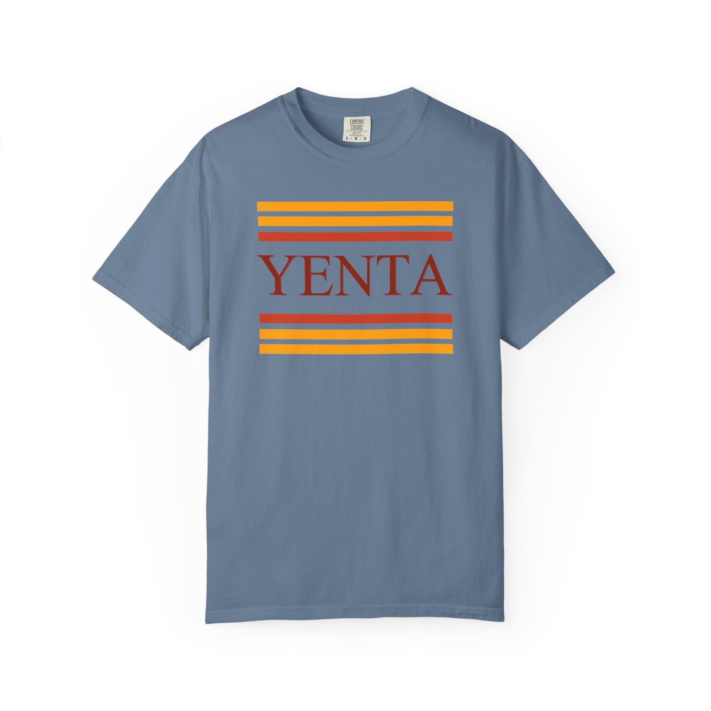 Blue t-shirt with 'Yenta' and colorful stripes on a white background
