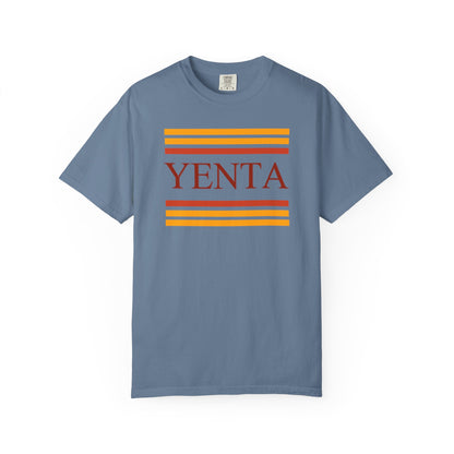 Blue t-shirt with 'Yenta' and colorful stripes on a white background