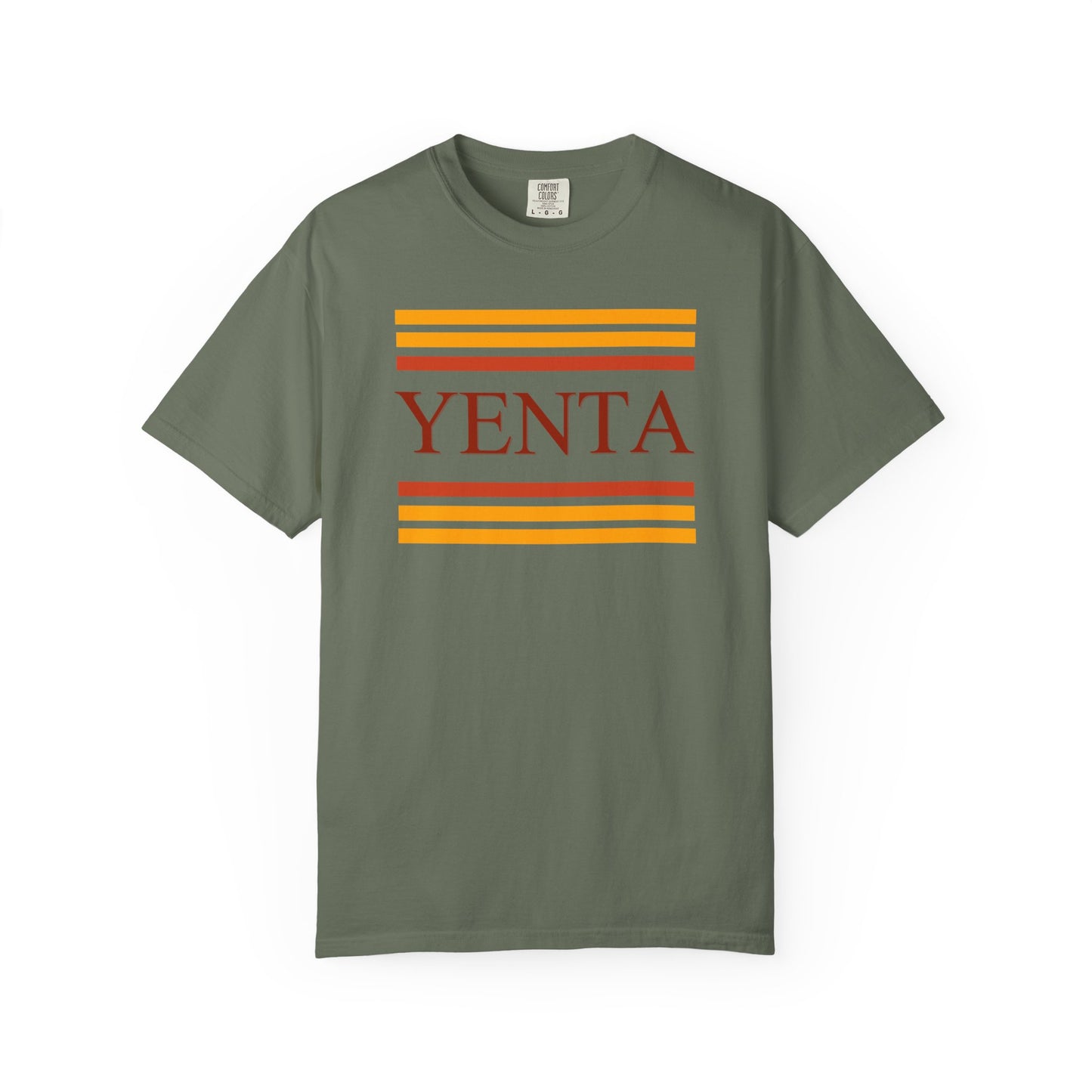 Green t-shirt with 'Yenta' and striped design on a white background