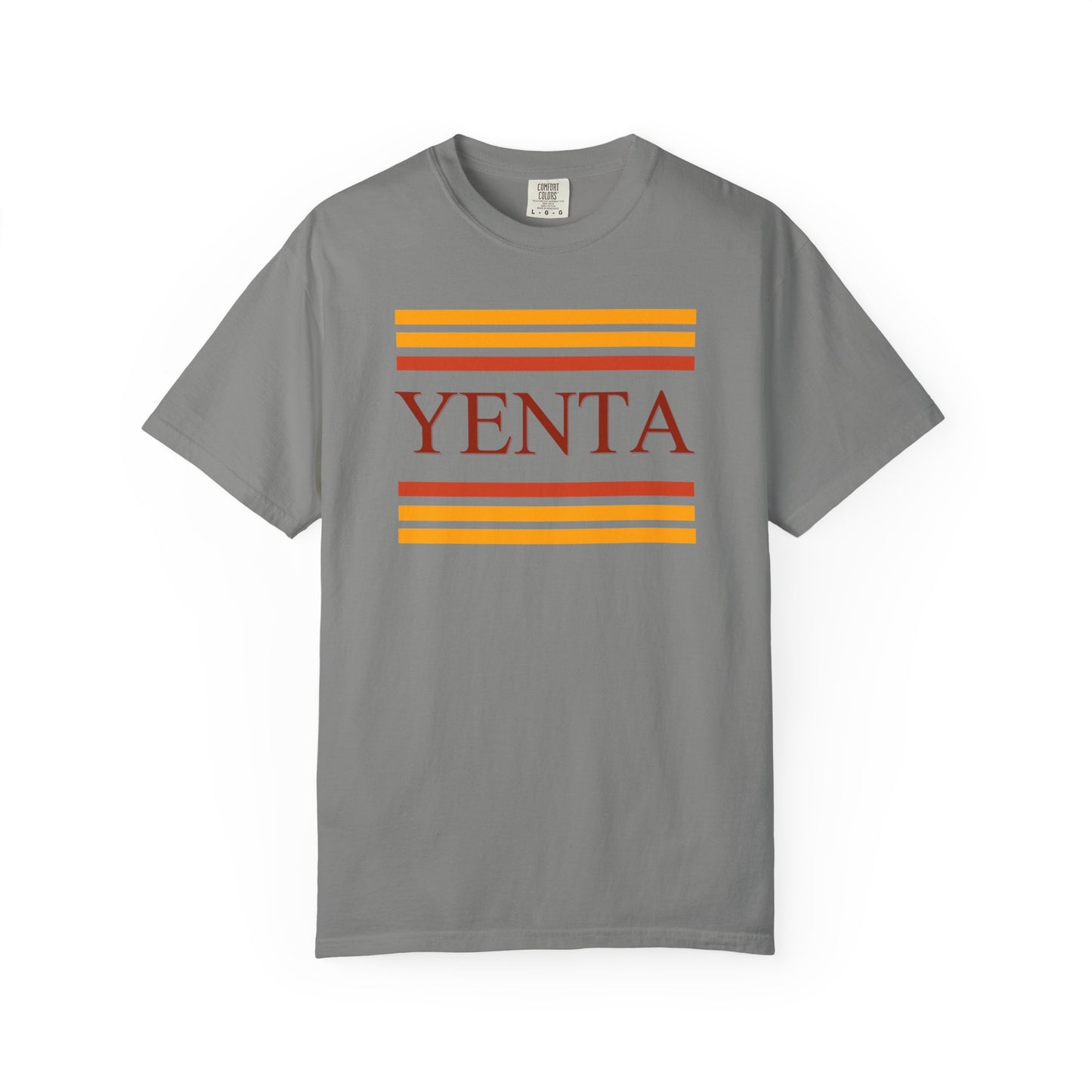 Gray t-shirt with 'Yenta' graphic design on a white background