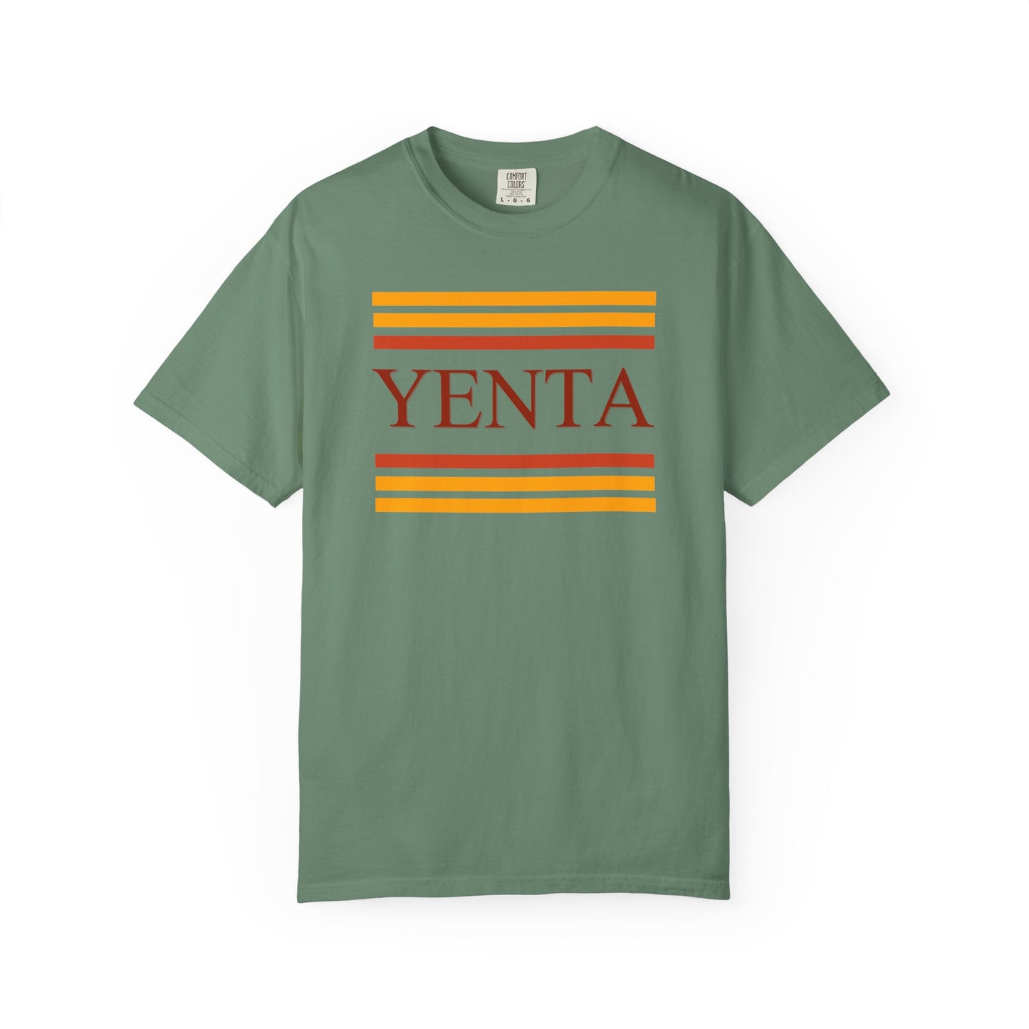 Green t-shirt with 'Yenta' and striped design on a white background