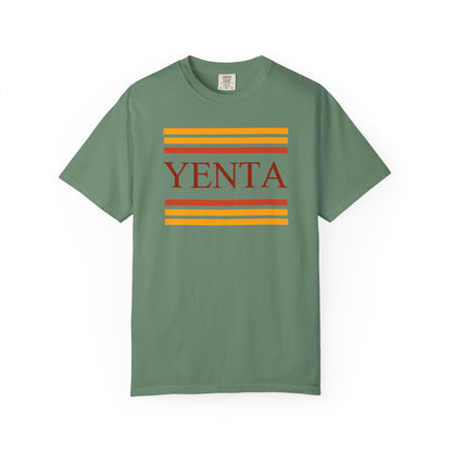 Green t-shirt with 'Yenta' and striped design on a white background
