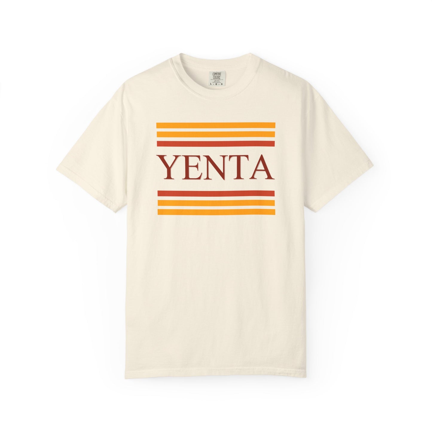 Beige t-shirt with 'Yenta' graphic on a white background