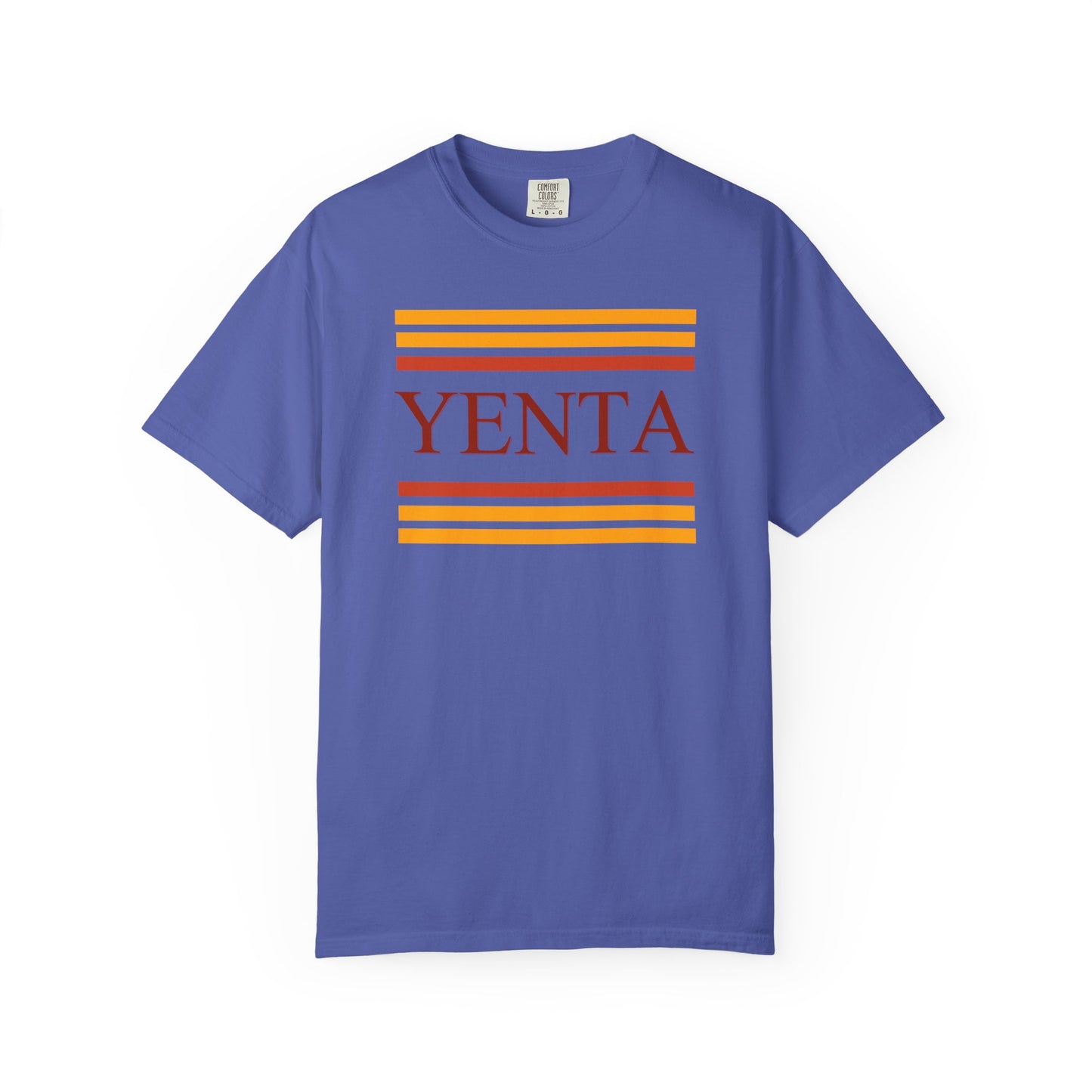 Blue t-shirt with 'Yenta' and colorful stripes on a white background