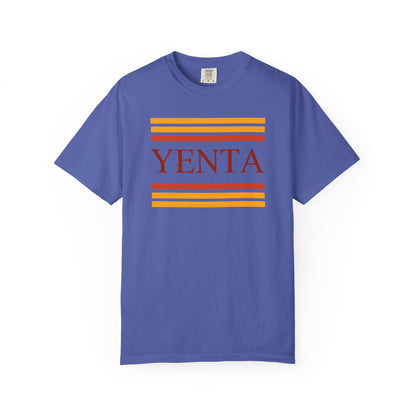 Blue t-shirt with 'Yenta' and colorful stripes on a white background