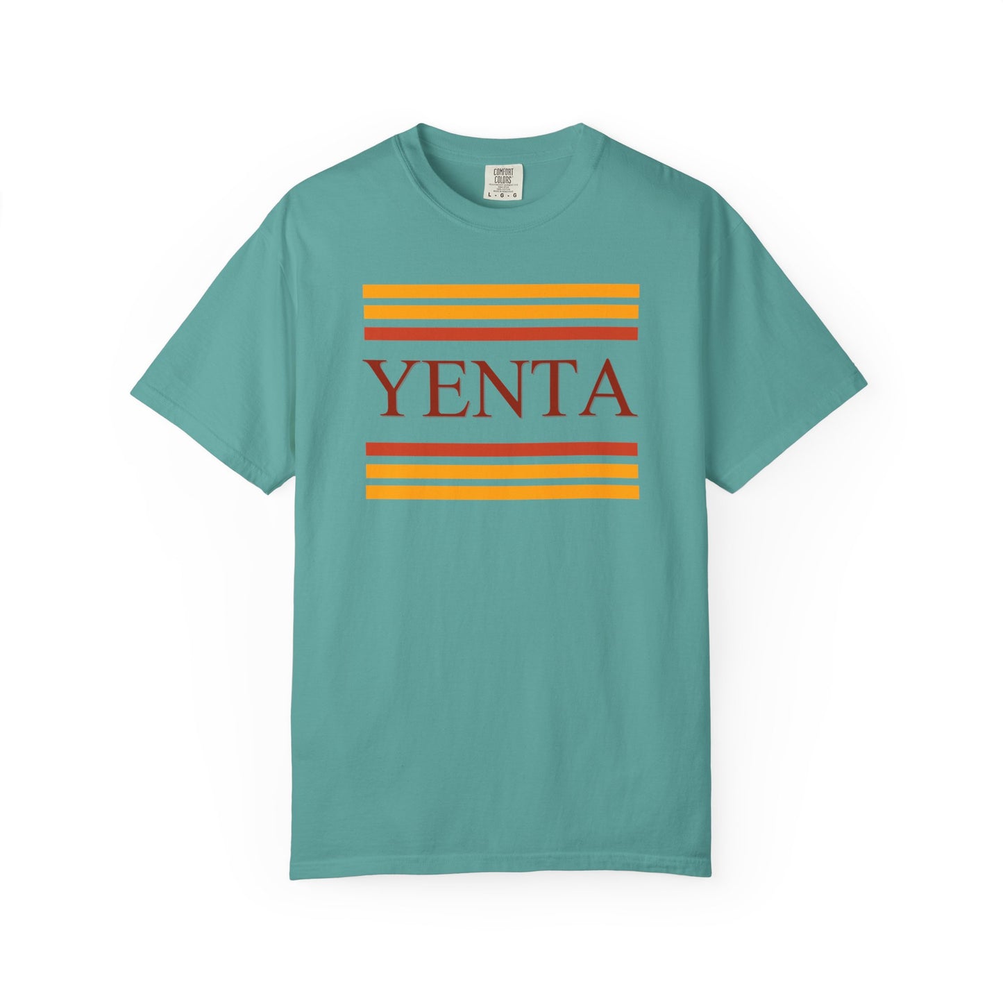 Teal t-shirt with 'Yenta' graphic on a white background