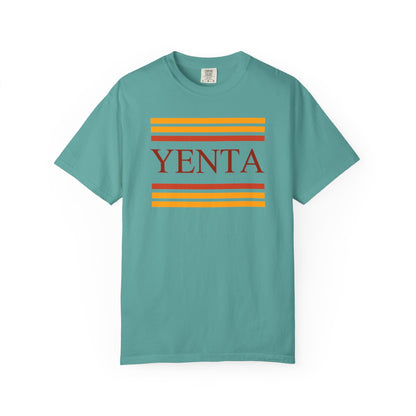 Teal t-shirt with 'Yenta' graphic on a white background