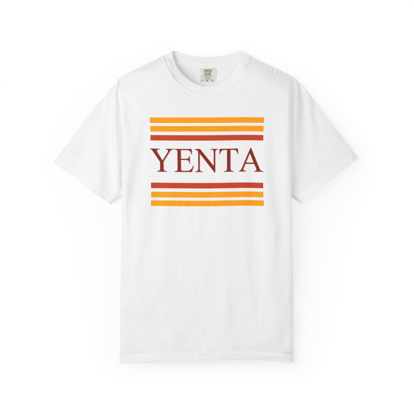 White t-shirt with 'Yenta' graphic on a white background