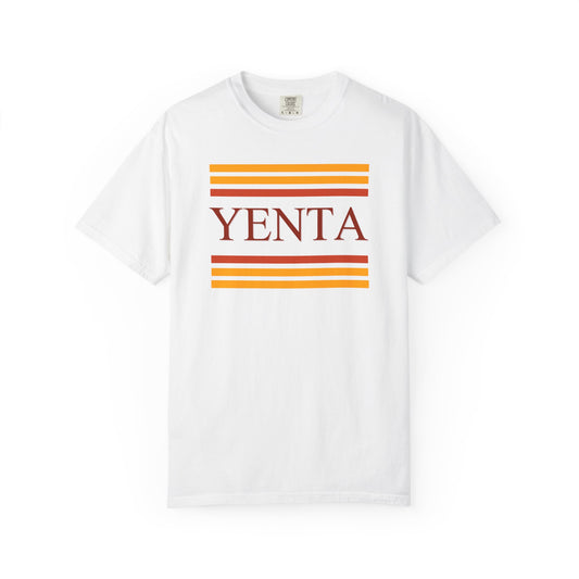 White t-shirt with 'Yenta' graphic on a white background