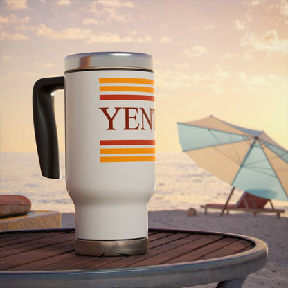 Travel mug with 'YENTA' branding on a beach setting