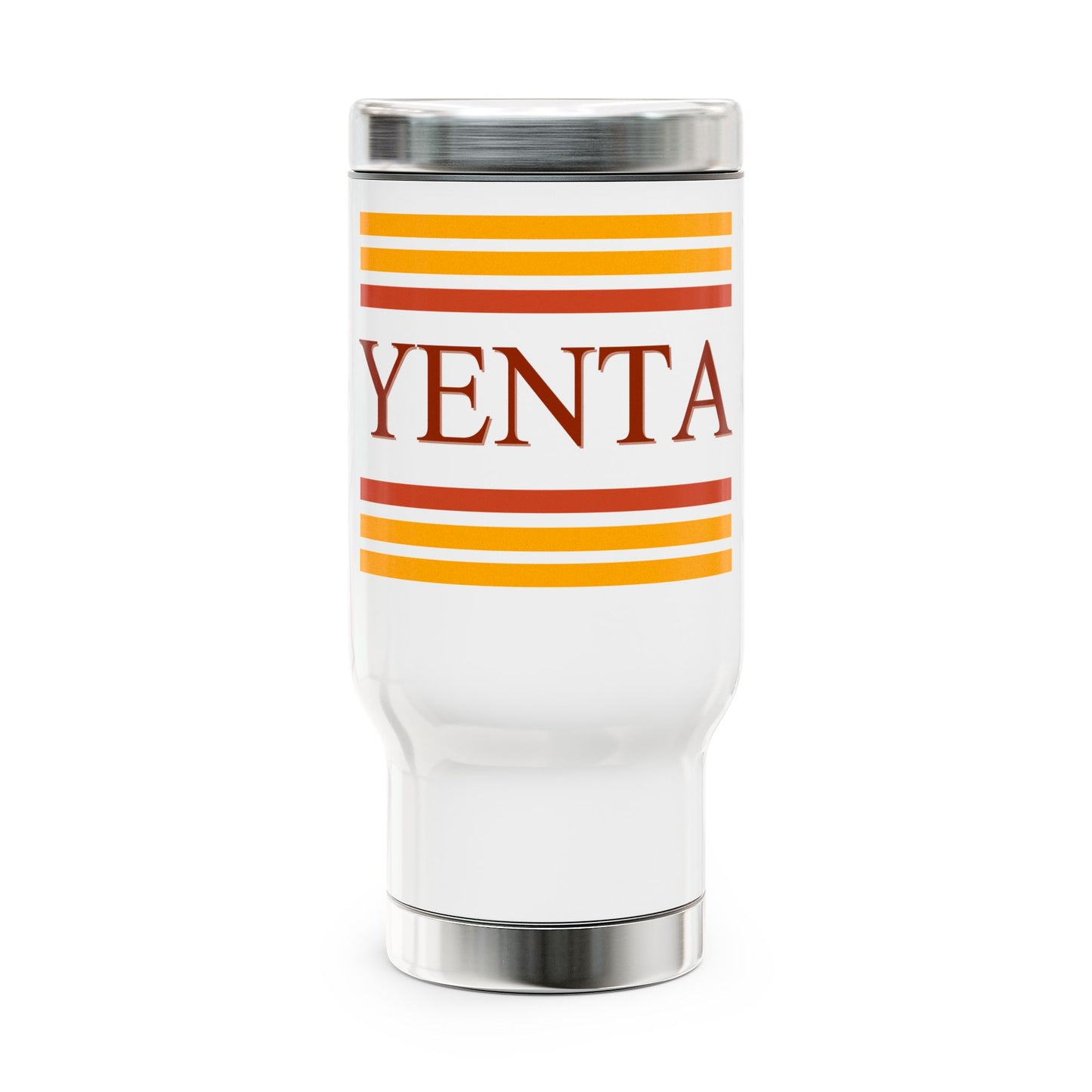 White tumbler with orange and red stripes and 'Yenta' text on a white background