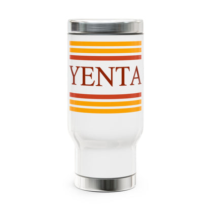 White tumbler with orange and red stripes and 'Yenta' text on a white background
