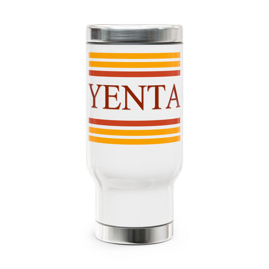 White tumbler with orange and red stripes and 'Yenta' text on a white background
