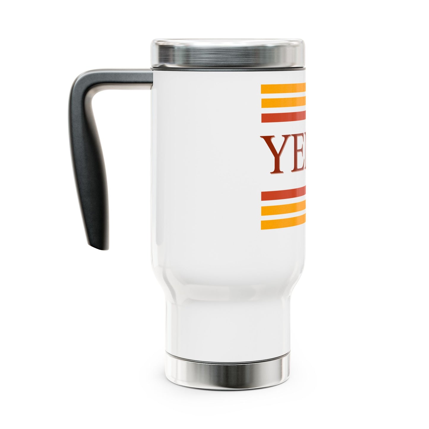 White travel mug with colorful design on a white background