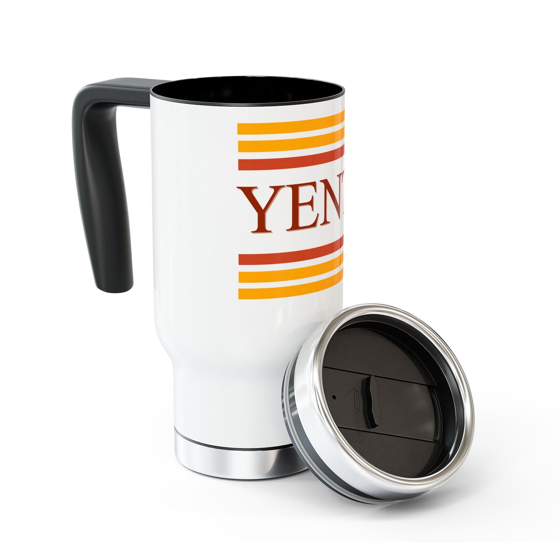 White travel mug with black handle and colorful design on a white background