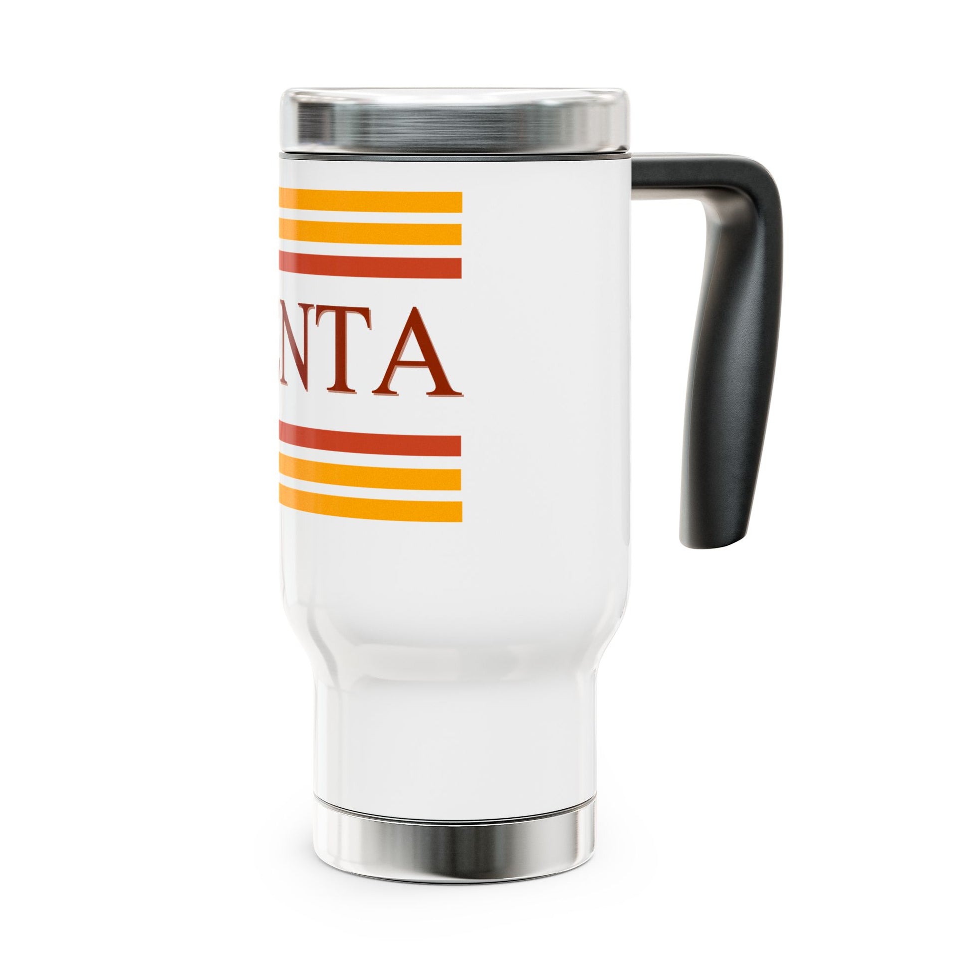 White travel mug with orange stripes and 'YENTA' branding on a white background