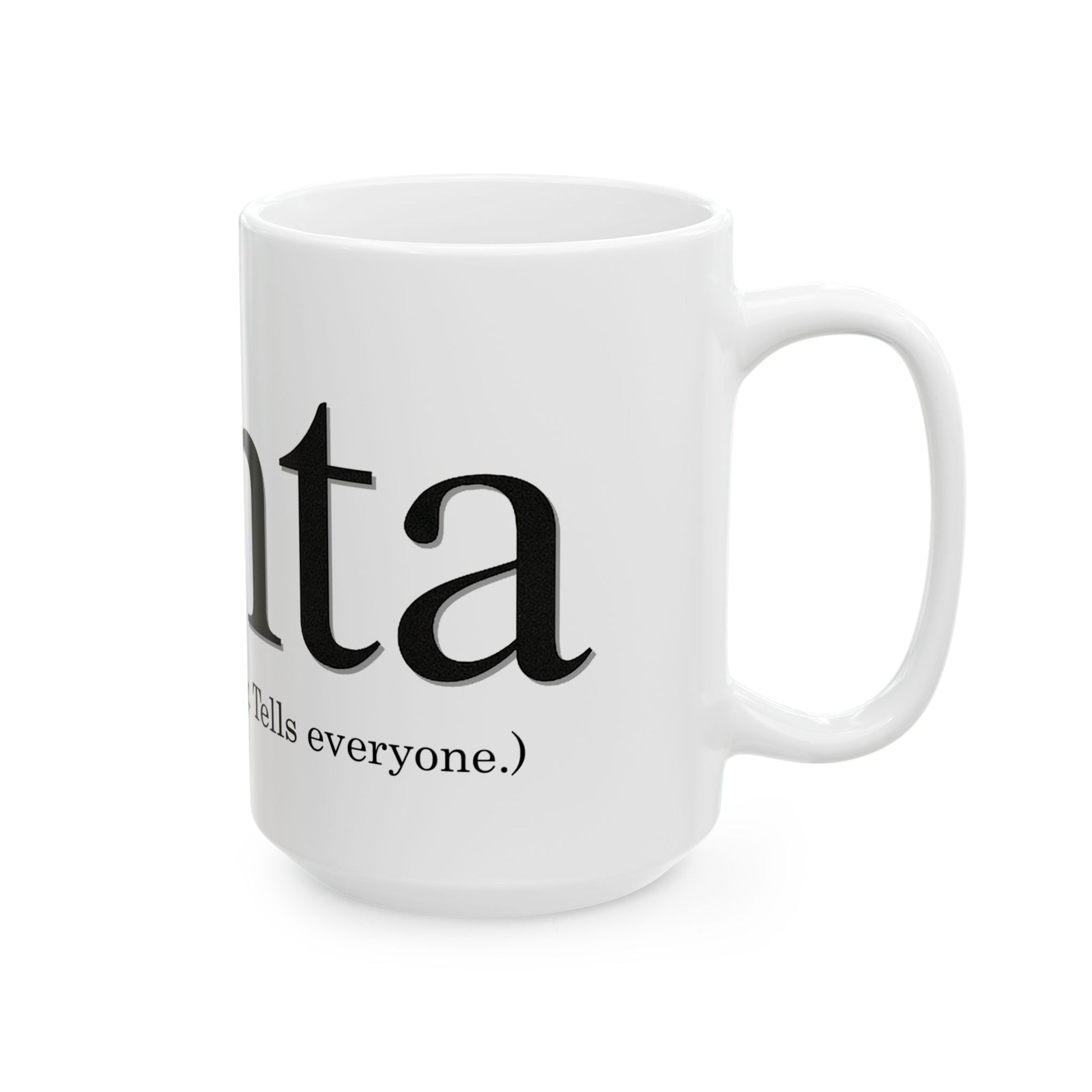 White yenta mug with black text on a white background