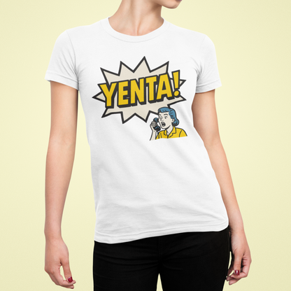 White t-shirt with 'Yenta!' graphic design on a light yellow background