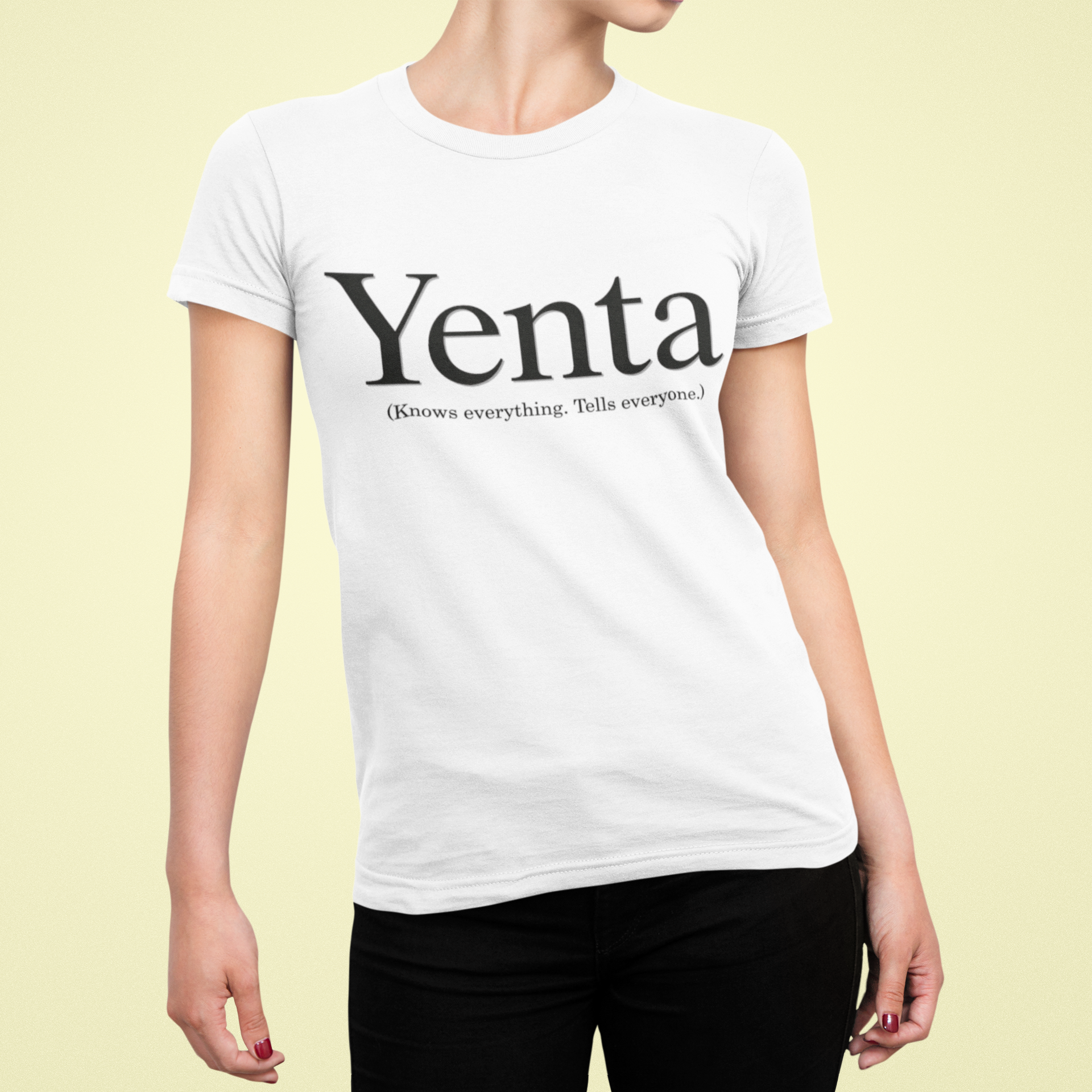 Person wearing a white t-shirt with 'Yenta' definition text on a light yellow background